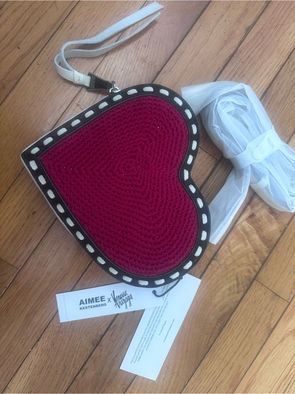 Aimee Kestenberg Red Heart Crochet Wristlet with White Strap